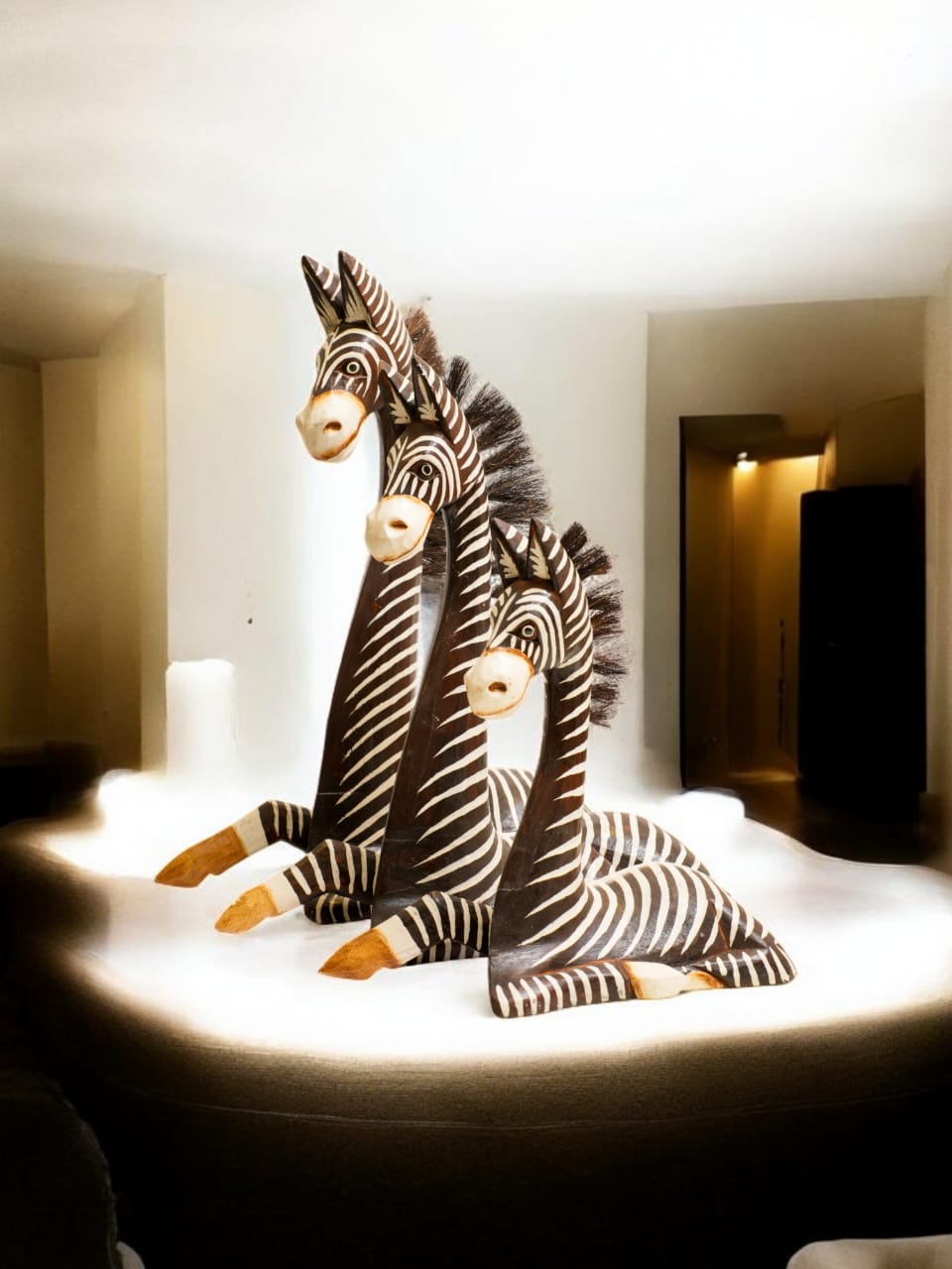 HAND-CARVED WOODEN ZEBRA TRIO