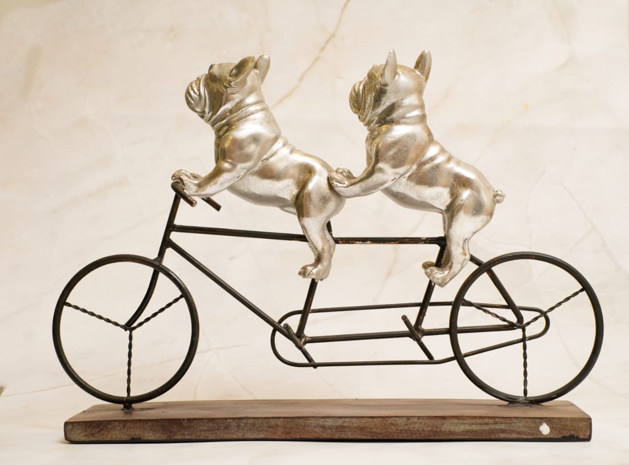 SILVER BULLDOG DUO ON TANDEM BIKE – A PERFECT PAIR FOR YOUR DECOR