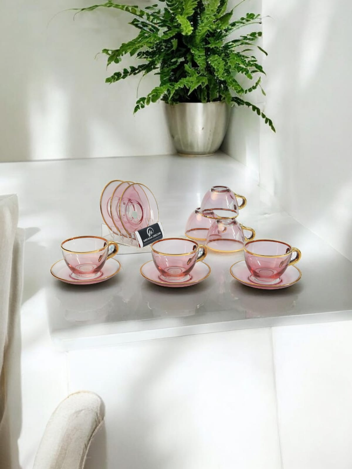 Pink With Gold Line Set of 12,220ml With Wooden Gold Box 6cups+6saucers