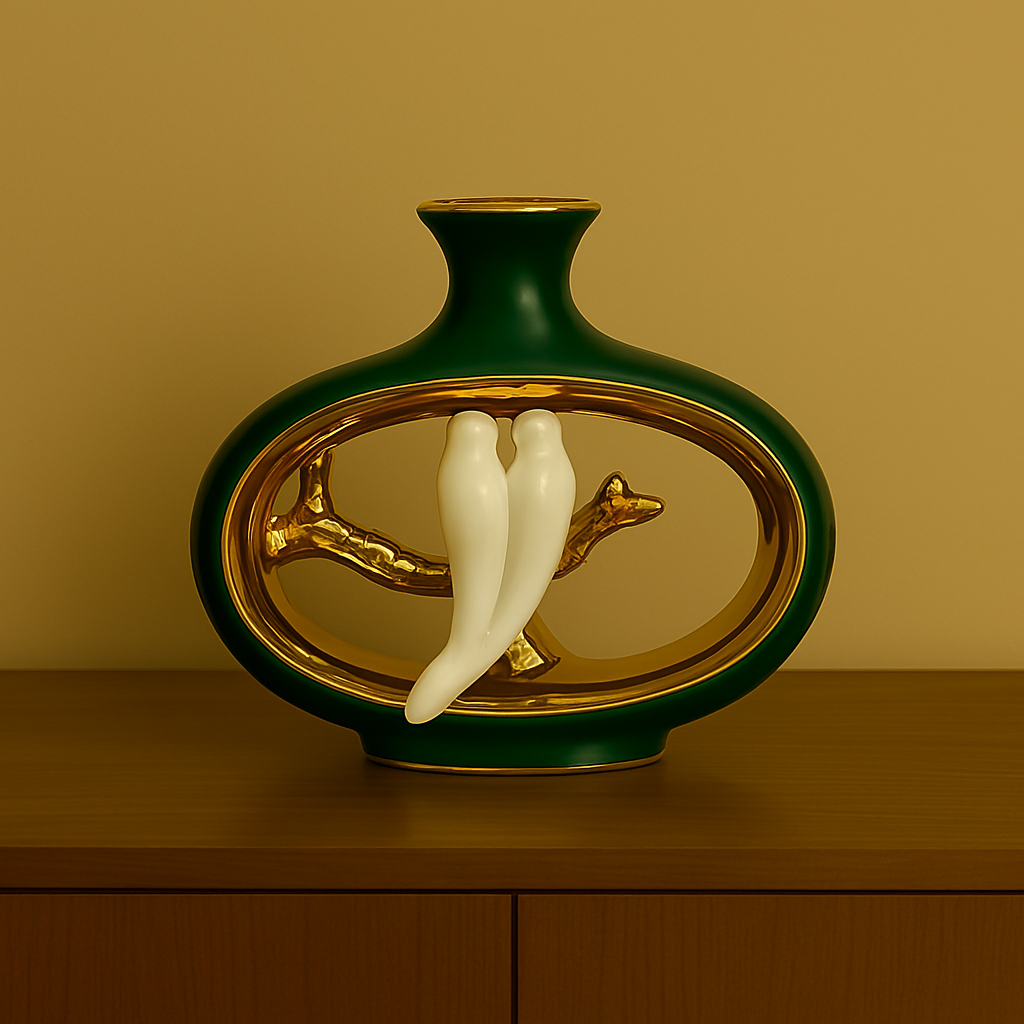 Green & Gold Lovebird Vase – Elegant Ceramic Decor