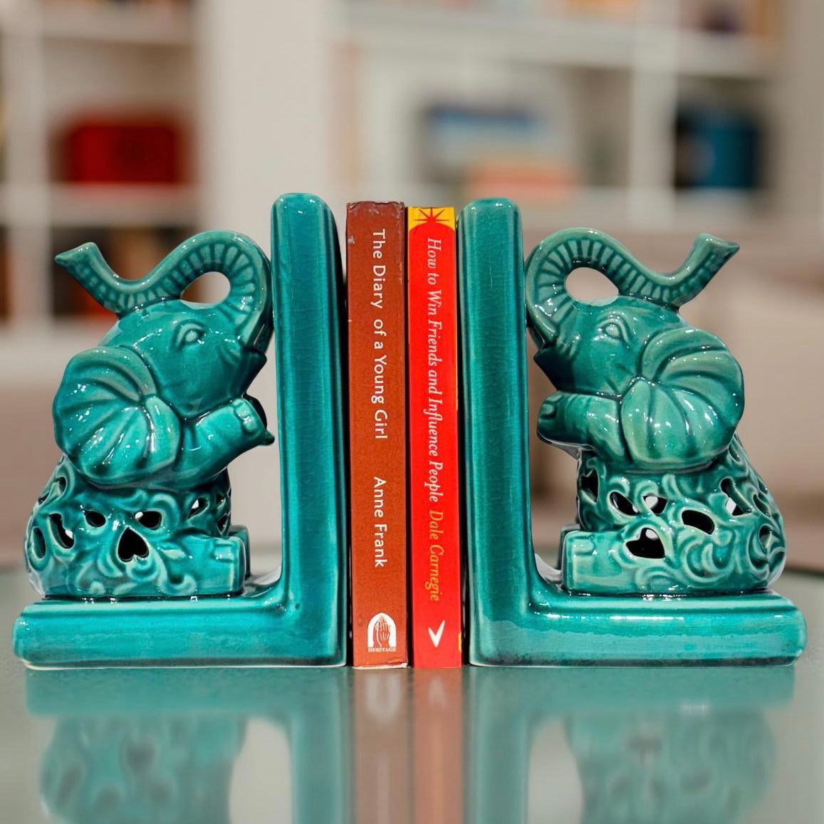 Green Elephant Ceramic Bookends – Symbol of Wisdom and Strength