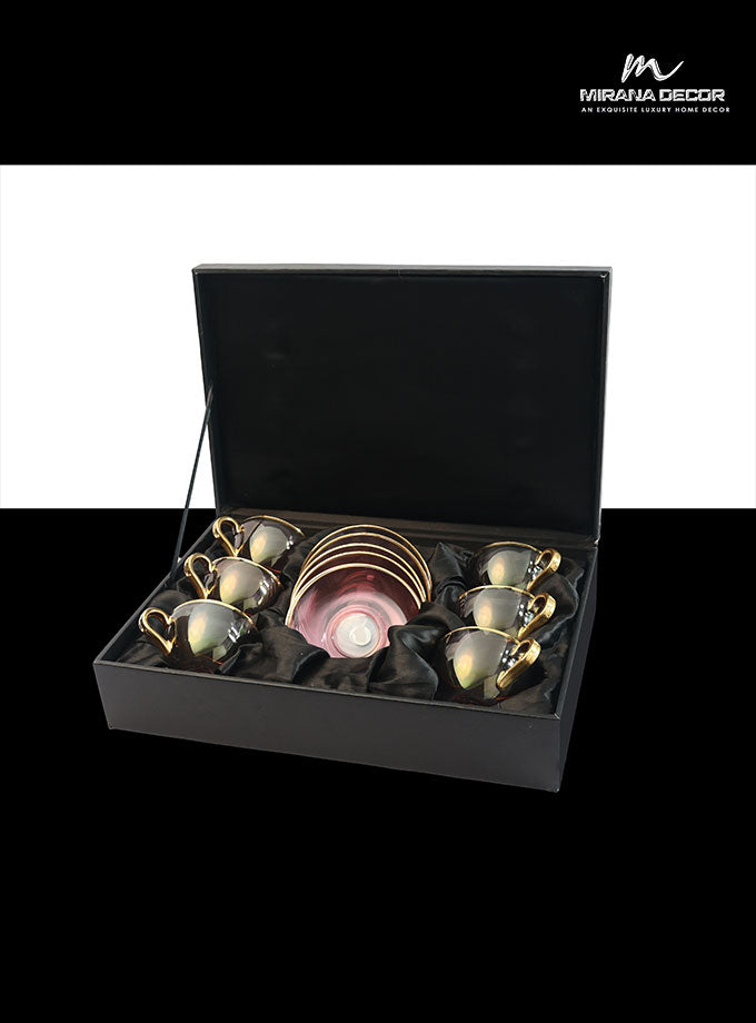 Pink With Gold Line Set of 12,220ml With Wooden Gold Box 6cups+6saucers