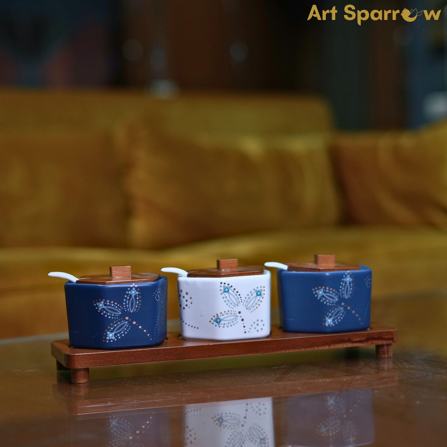 Ceramic Jar Set with Wooden Tray (Set of 3)