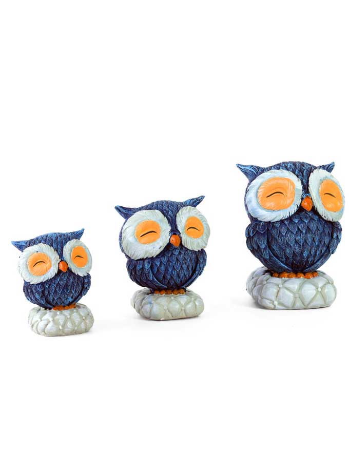 Cute Owls Statue Set of 3, Blue Resin