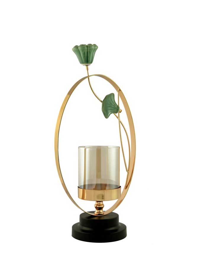 Gold Geometric Circle Hurricane Candle Holder Leaf Design