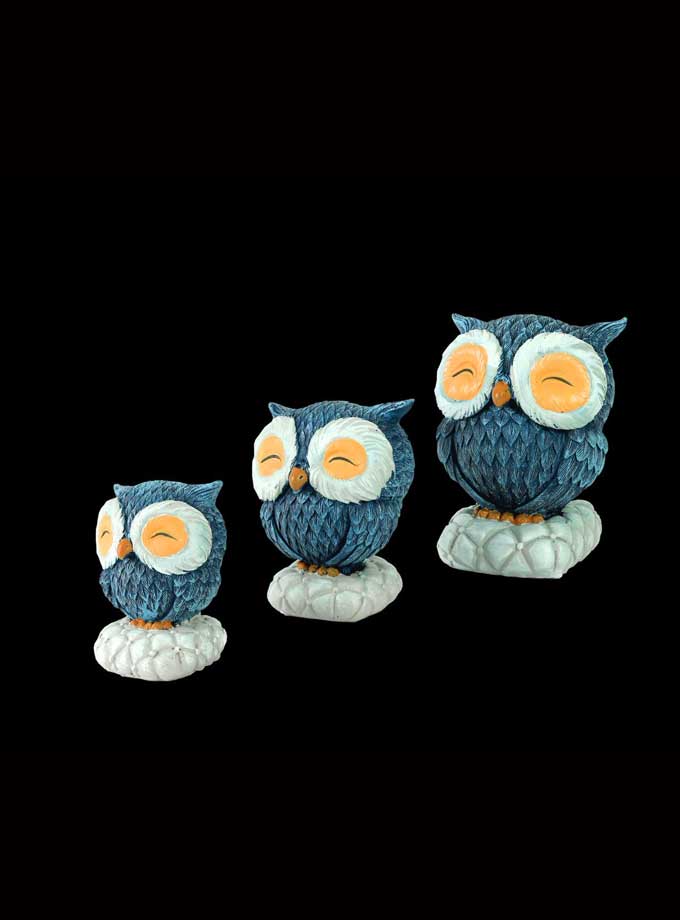 Cute Owls Statue Set of 3, Blue Resin