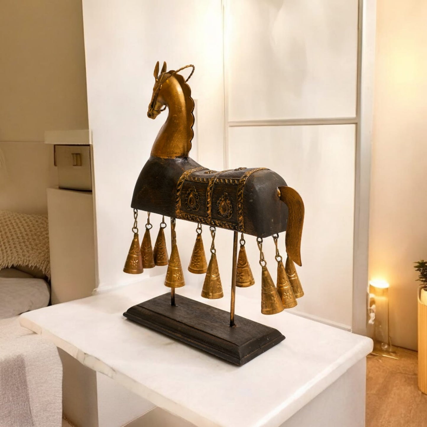 MAJESTIC STEED: ANTIQUE BRASS HORSE SCULPTURE WITH CHIMES