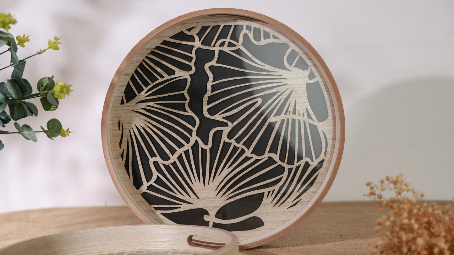 Round Wooden Trays with Decorative Patterns
