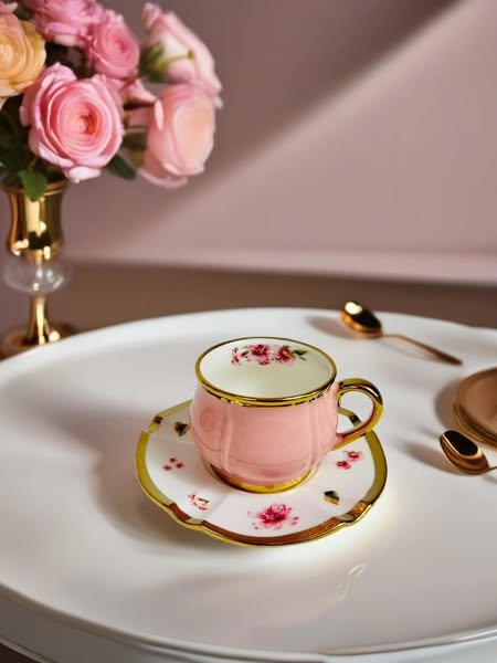 Luxury Floral Ceramic Cup & Saucer Set with Golden Accents