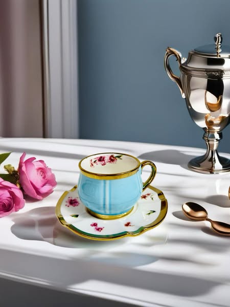 Luxury Floral Ceramic Cup & Saucer Set with Golden Accents