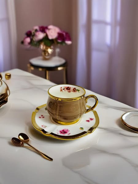 Luxury Floral Ceramic Cup & Saucer Set with Golden Accents