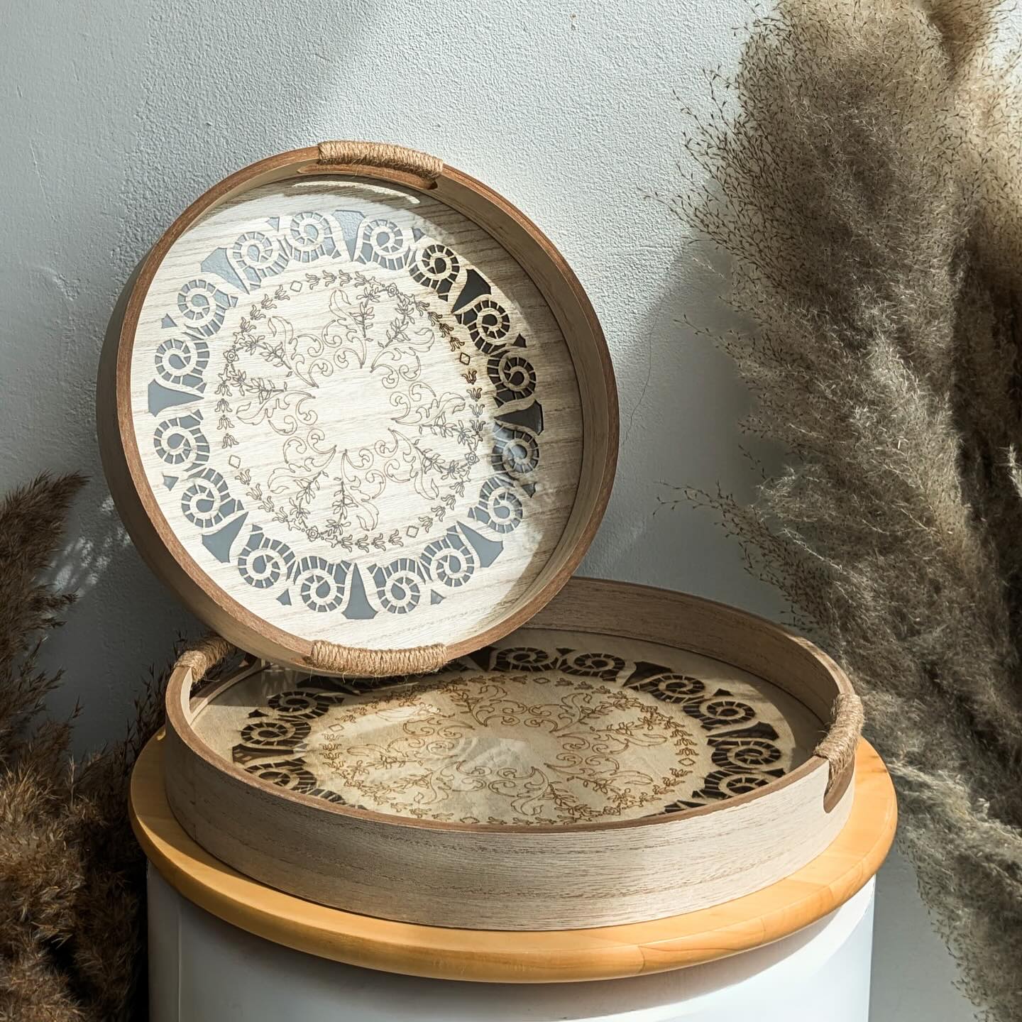 Round Wooden Trays with Decorative Patterns