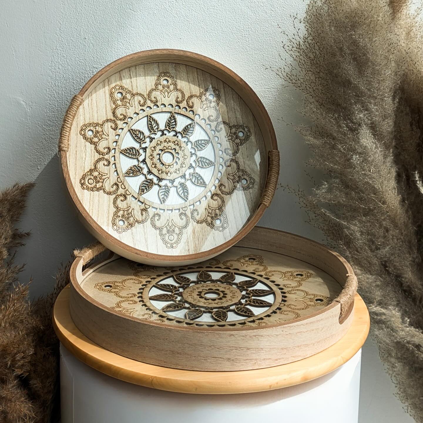 Round Wooden Trays with Decorative Patterns
