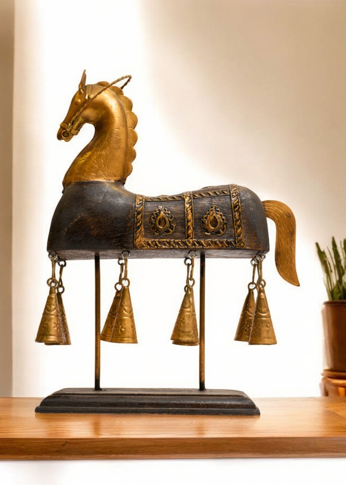 MAJESTIC STEED: ANTIQUE BRASS HORSE SCULPTURE WITH CHIMES