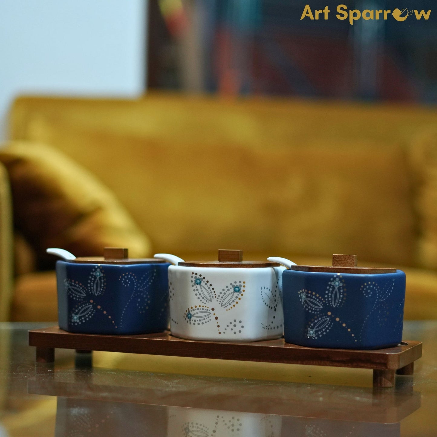Ceramic Jar Set with Wooden Tray (Set of 3)