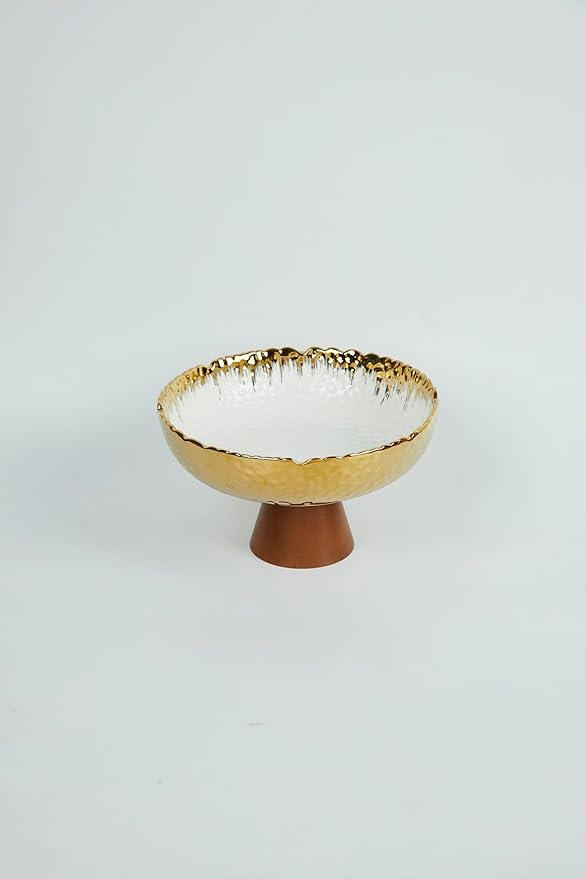 Gold and White Ceramic Bowl with Wooden Stand