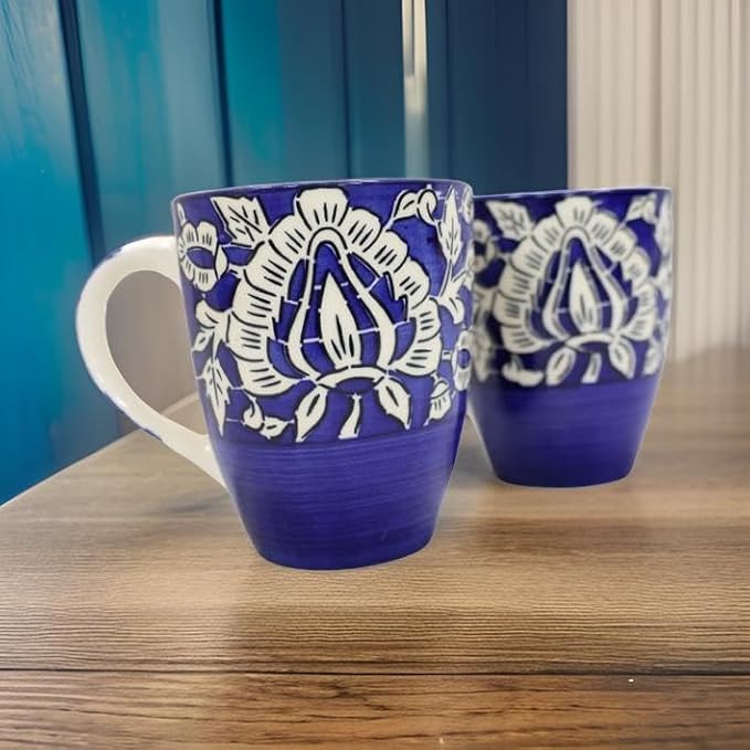 Mug with Handle Blue Mugal Painted Mug - Set of 2-300 ml Each