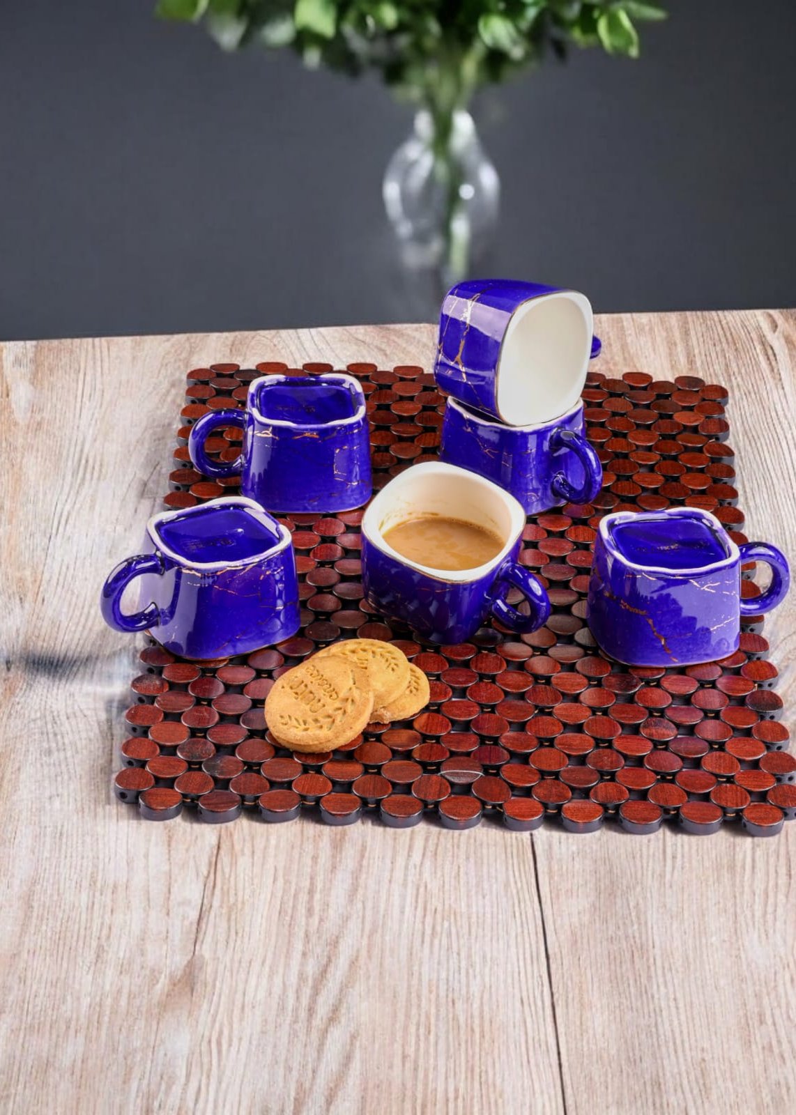 ROYAL BLUE ARTISAN MUG SET WITH GOLD ACCENTS SET-6