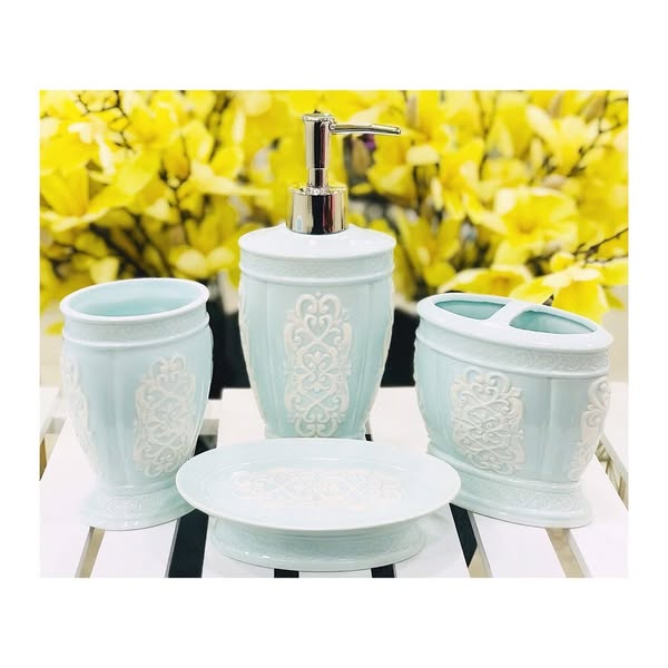 Blue 4 piece Textured Ceramic Bath Accessories Set