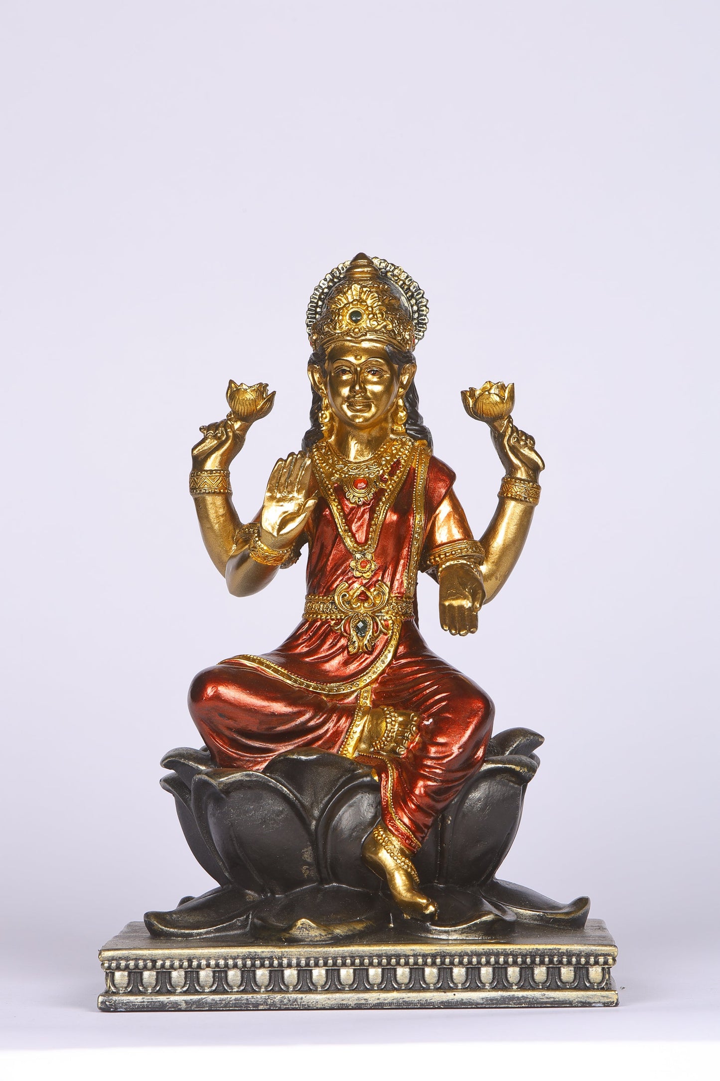 8" Laxmi Sitting Antique Finish golden red statue statue on lotus