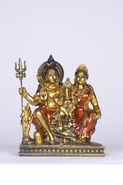 Shiva Parivaar sitting Antique Finish golden red statue