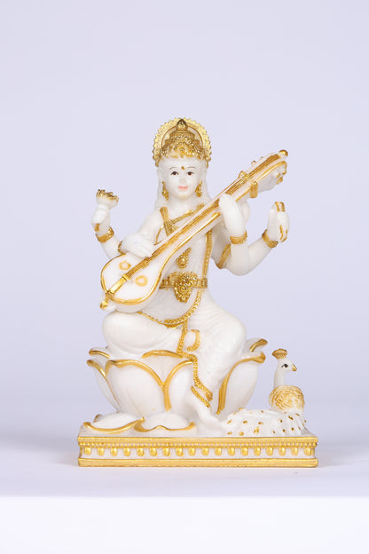 Saraswati Sitting Gold toned Marble statue on lotus with Veena