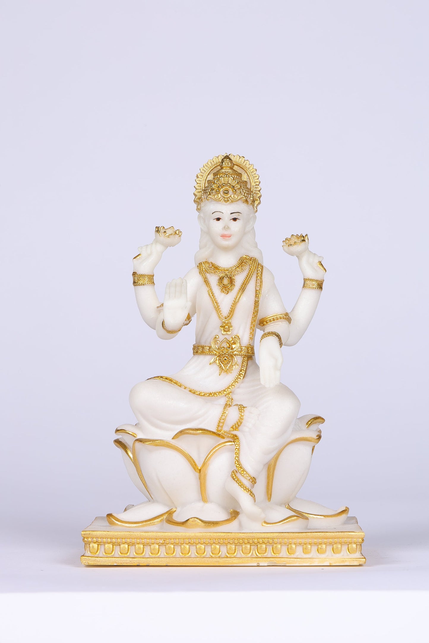 8" Laxmi Sitting Marble statue on lotus with gold tone