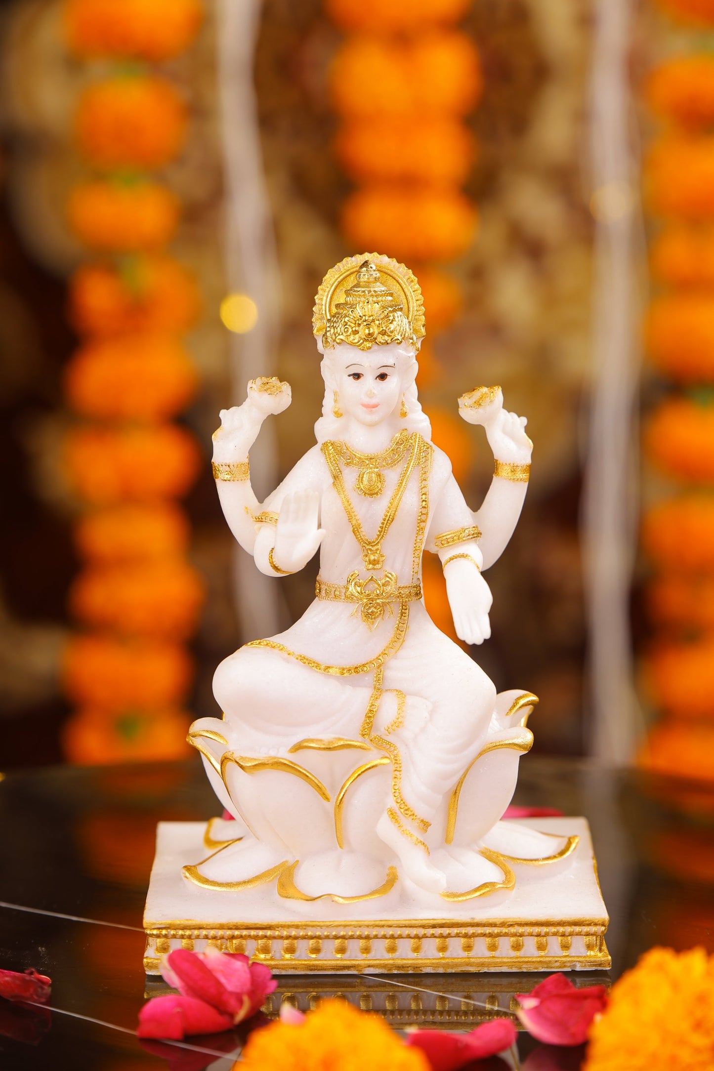 5" Laxmi Sitting Marble statue on lotus with gold tone