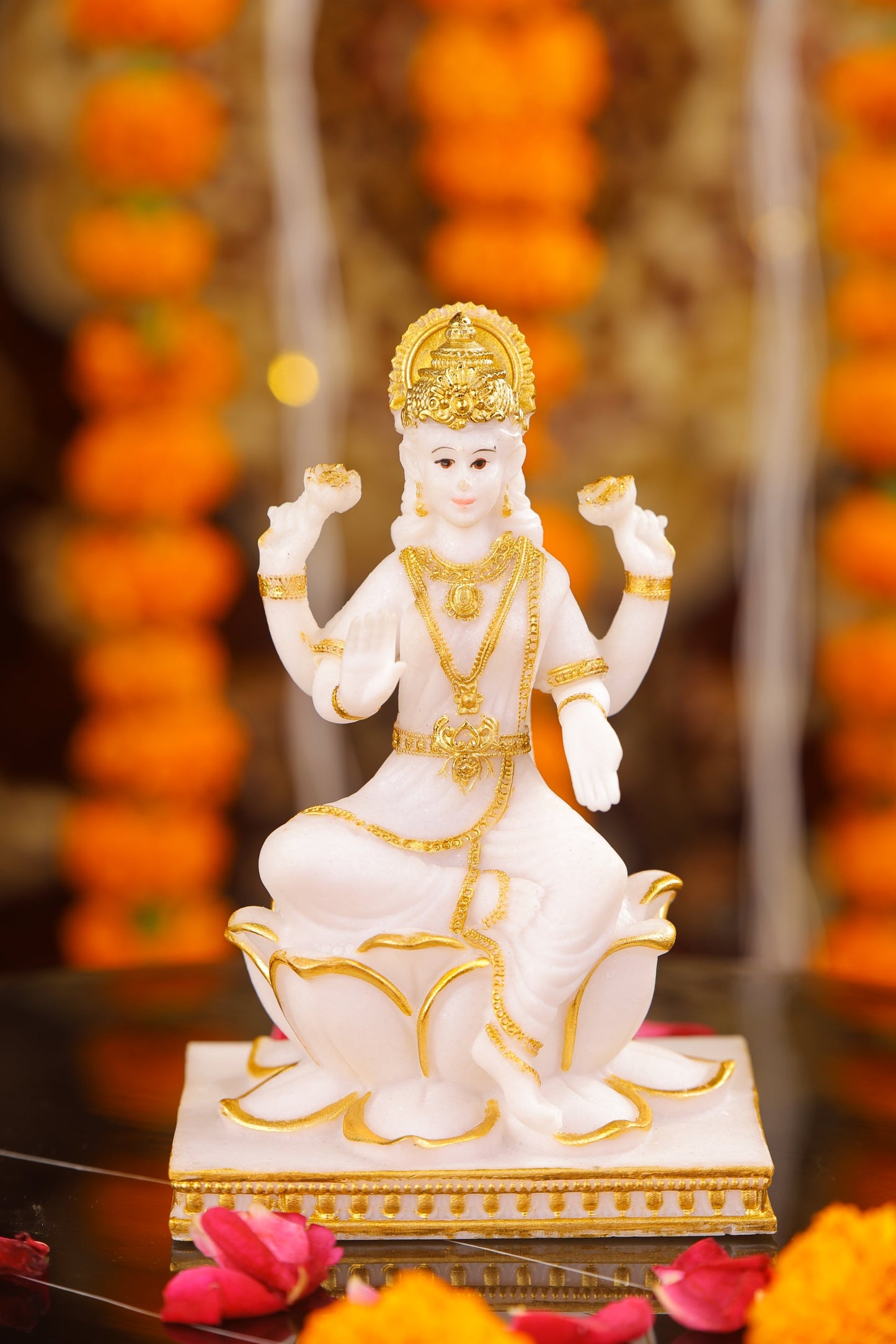 5" Laxmi Sitting Marble statue on lotus with gold tone