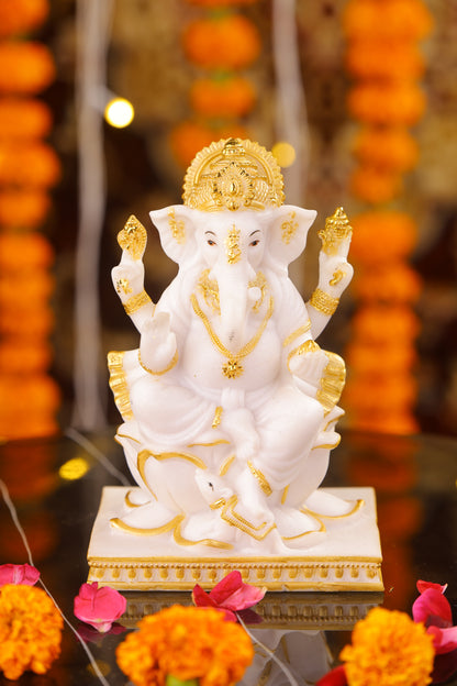 5" Ganesha sitting Marble statue on golden pdestal