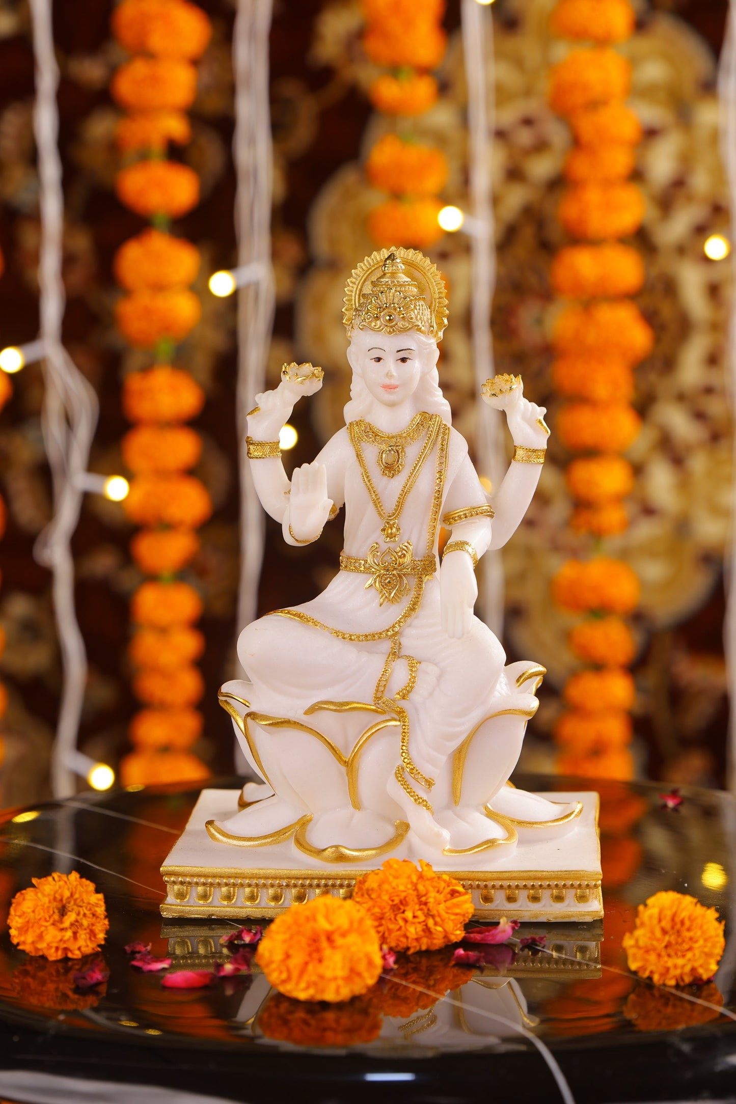 8" Laxmi Sitting Marble statue on lotus with gold tone