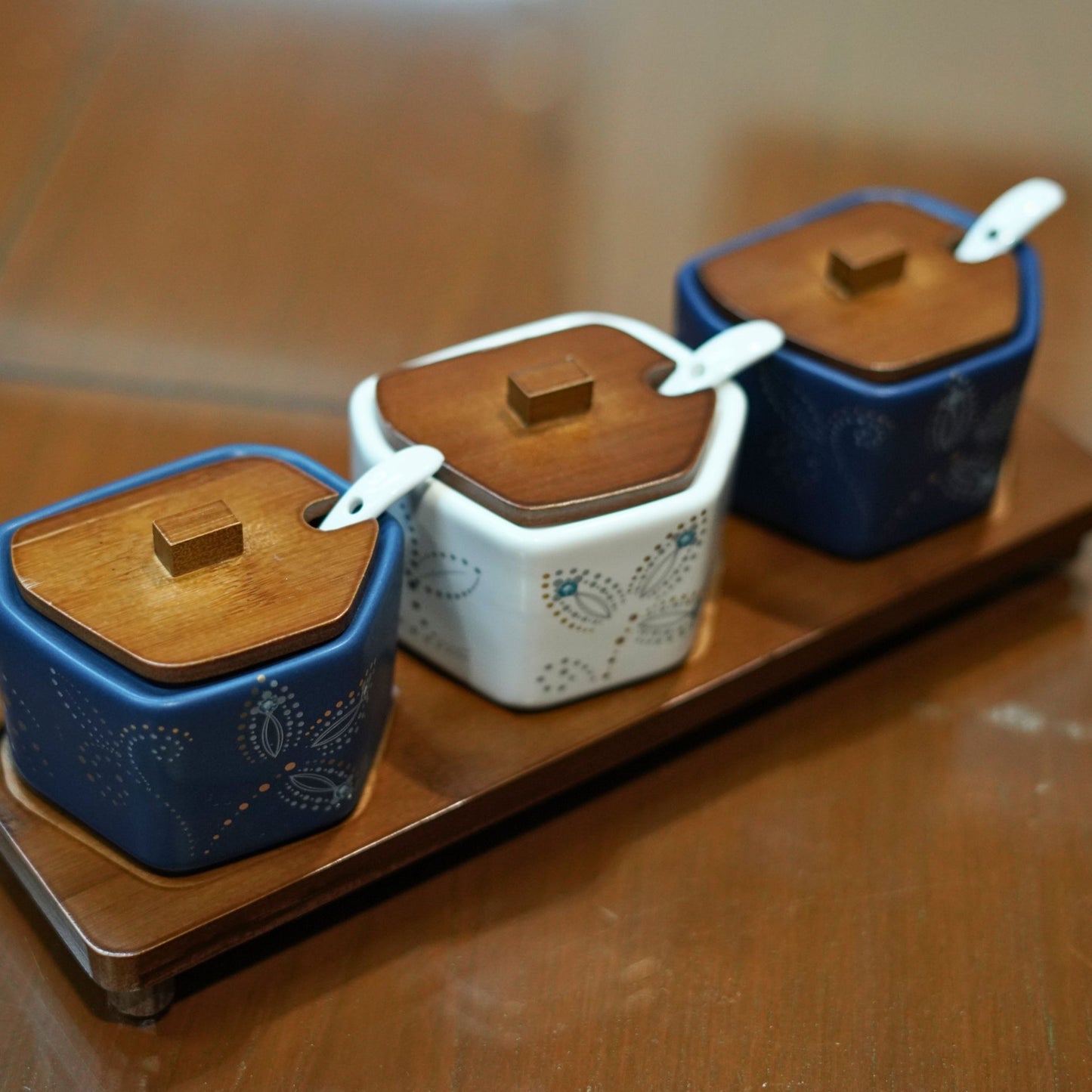 Ceramic Jar Set with Wooden Tray (Set of 3)