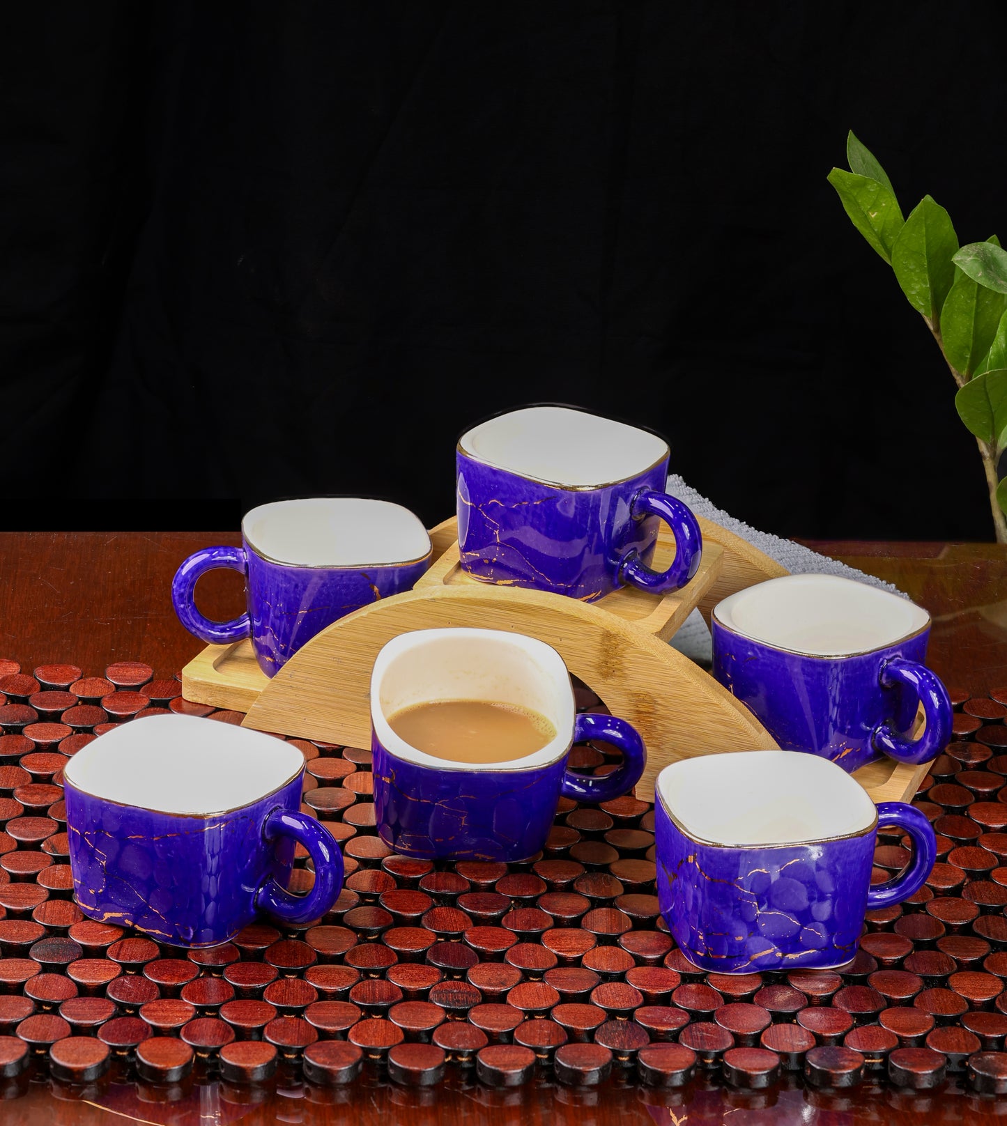 ROYAL BLUE ARTISAN MUG SET WITH GOLD ACCENTS SET-6
