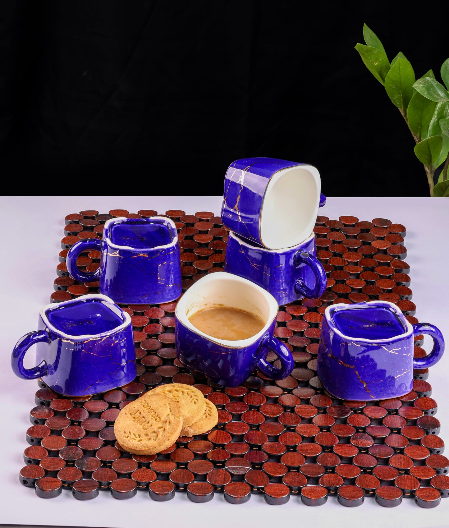 ROYAL BLUE ARTISAN MUG SET WITH GOLD ACCENTS SET-6