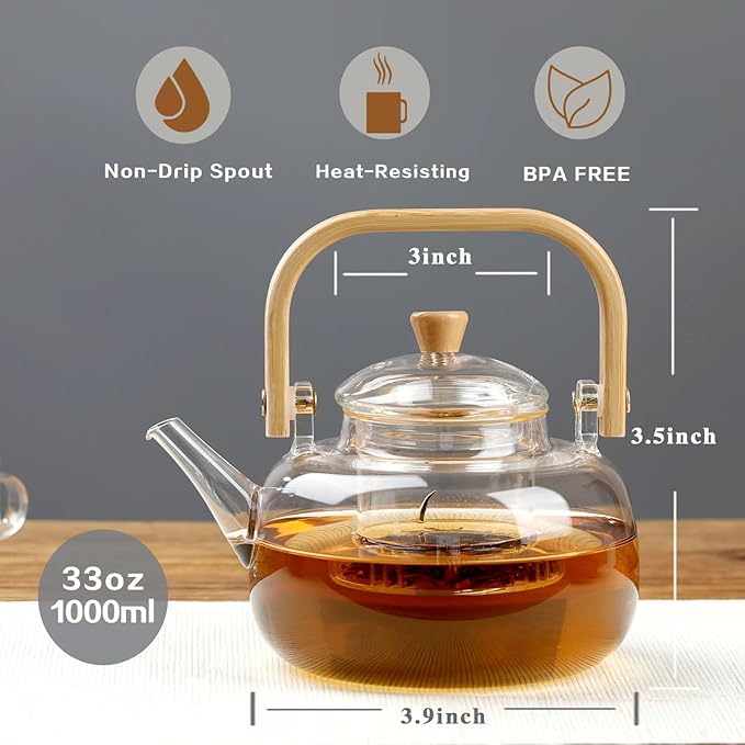 Clear Glass Kettle with Wooden Handle
