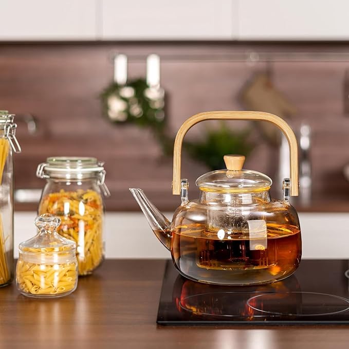 Clear Glass Kettle with Wooden Handle