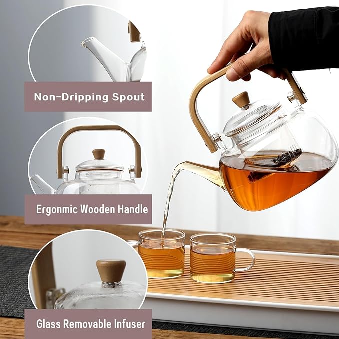 Clear Glass Kettle with Wooden Handle
