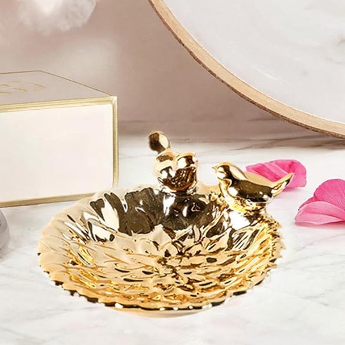 5 Inch Ceramic Circular Tray with 2 Bird Statues