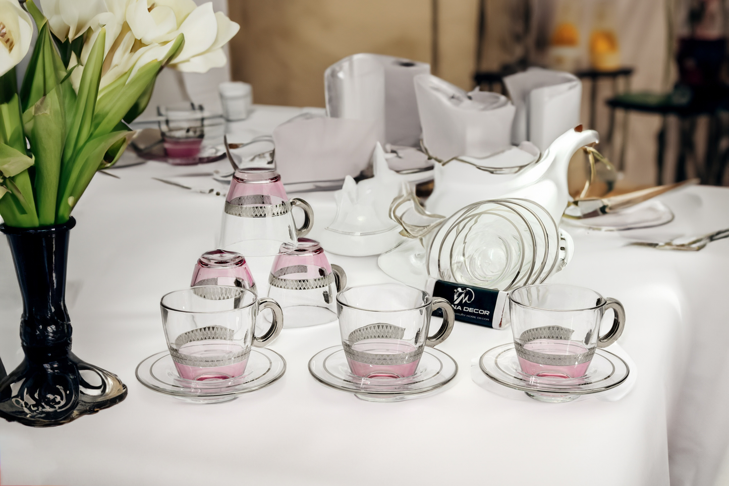 Lady Pink Silver 12pcs Cup Saucer With Embossed Platinum