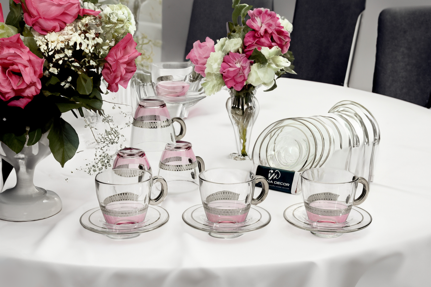 Lady Pink Silver 12pcs Cup Saucer With Embossed Platinum