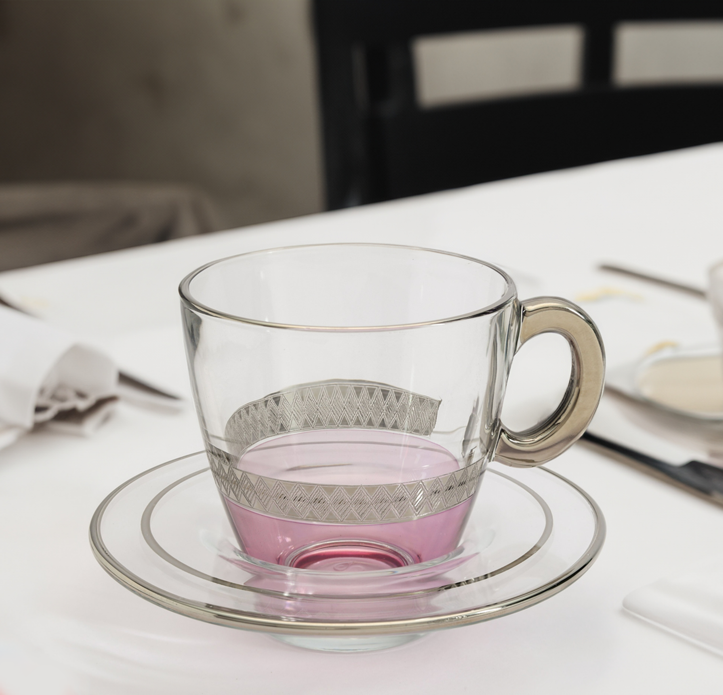 Lady Pink Silver 12pcs Cup Saucer With Embossed Platinum