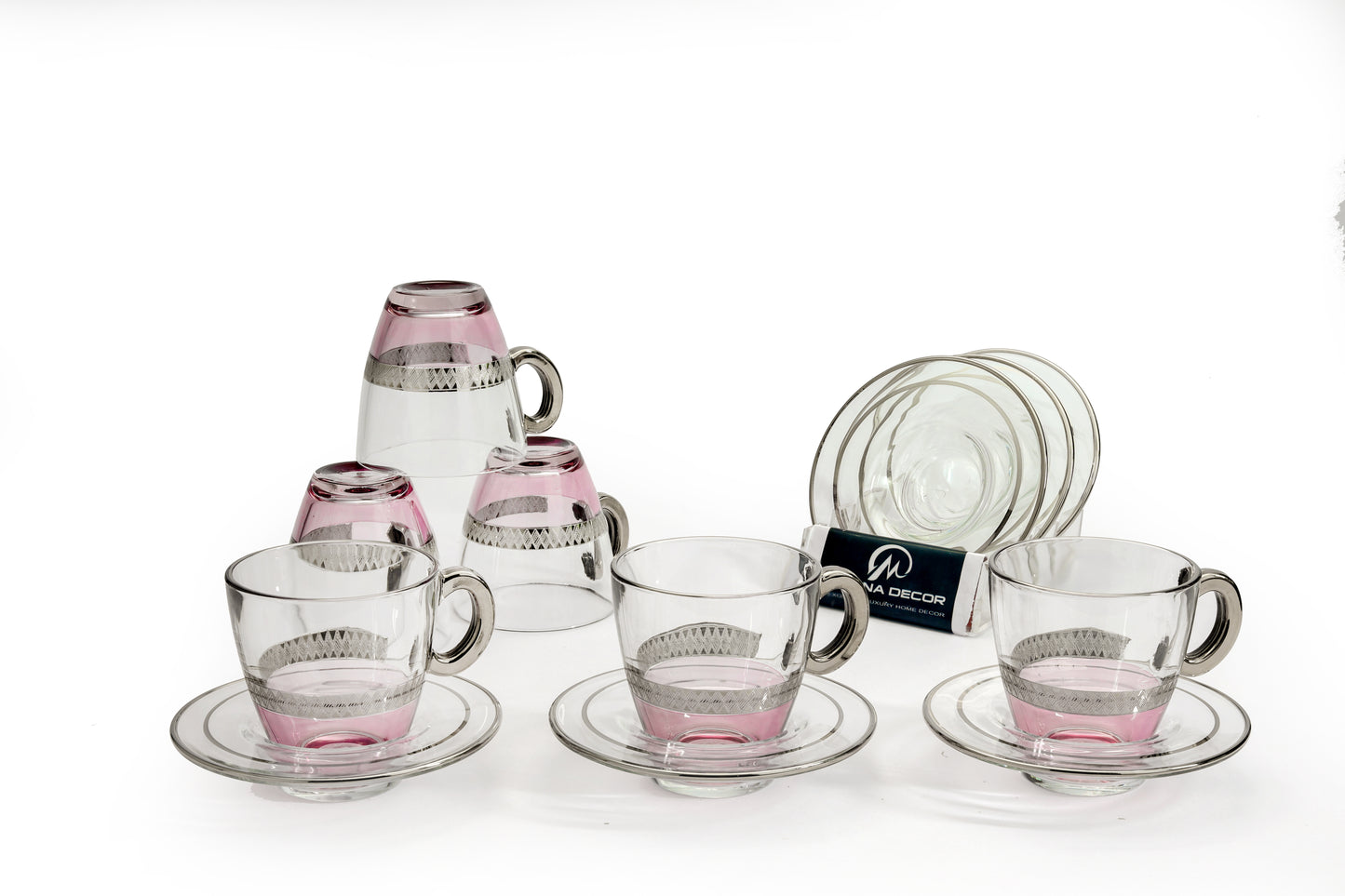 Lady Pink Silver 12pcs Cup Saucer With Embossed Platinum
