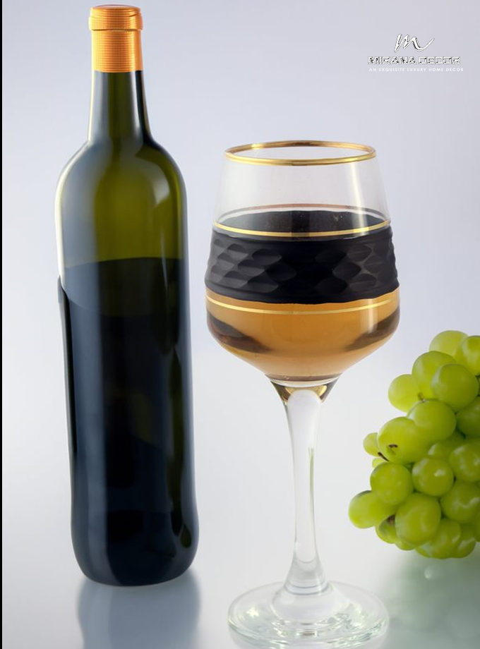 Stylish black wine glasses with gold detail in premium box