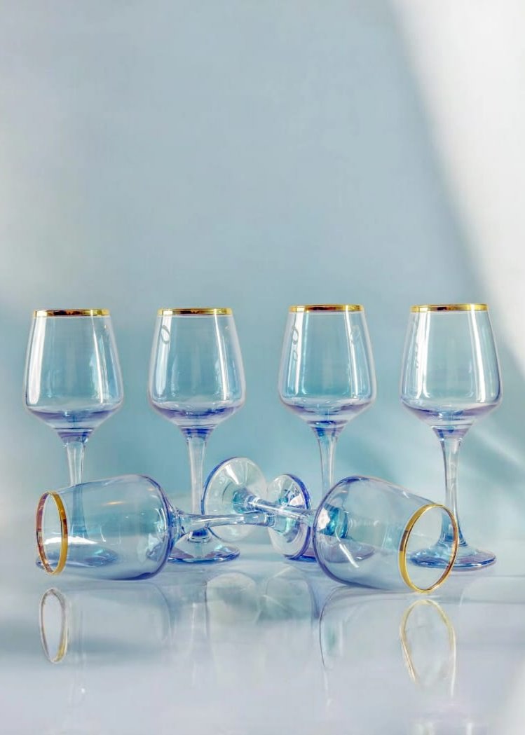 Elegant blue luster wine glasses with gold detailin