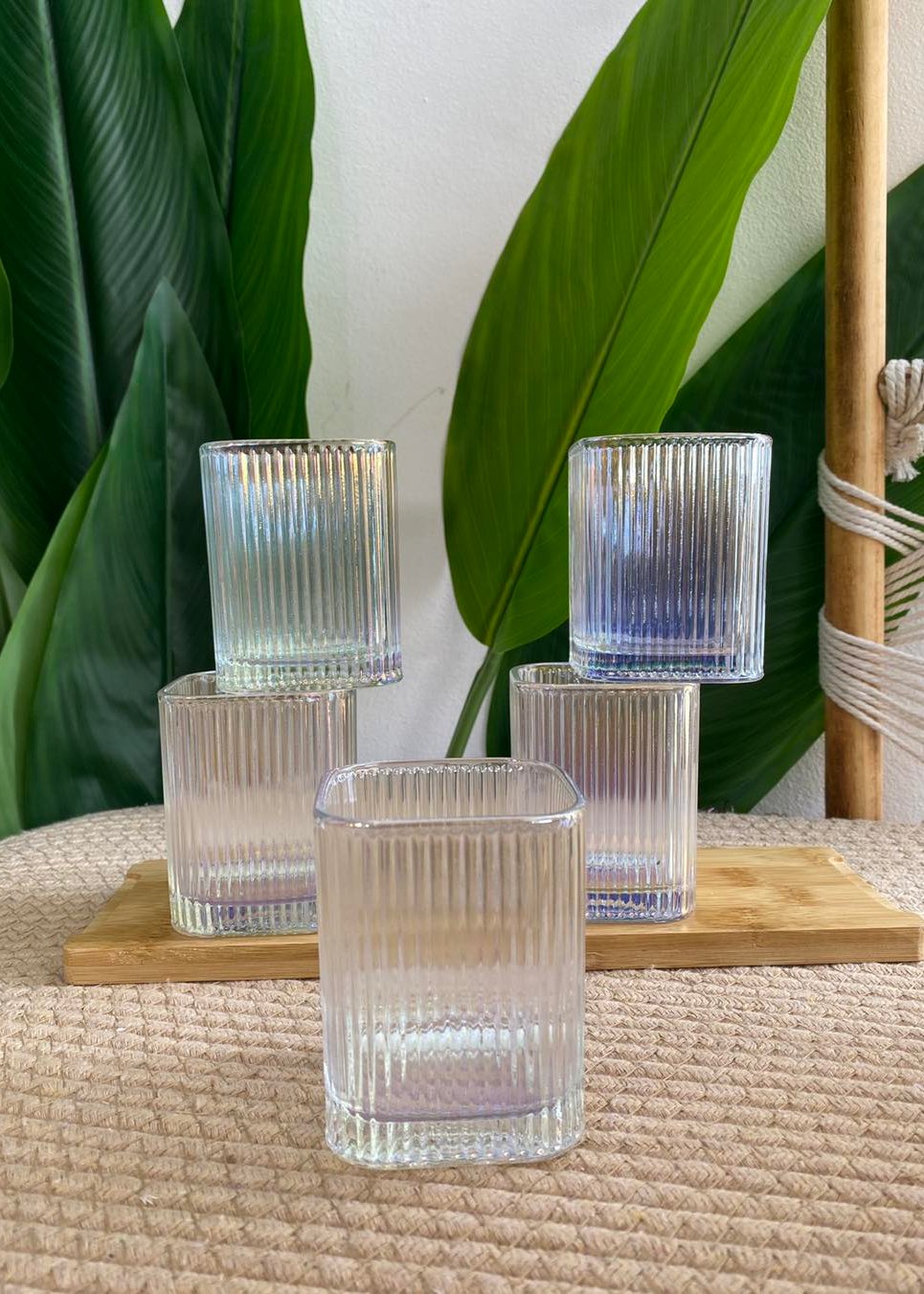 Set of six bold-patterned whiskey glasses