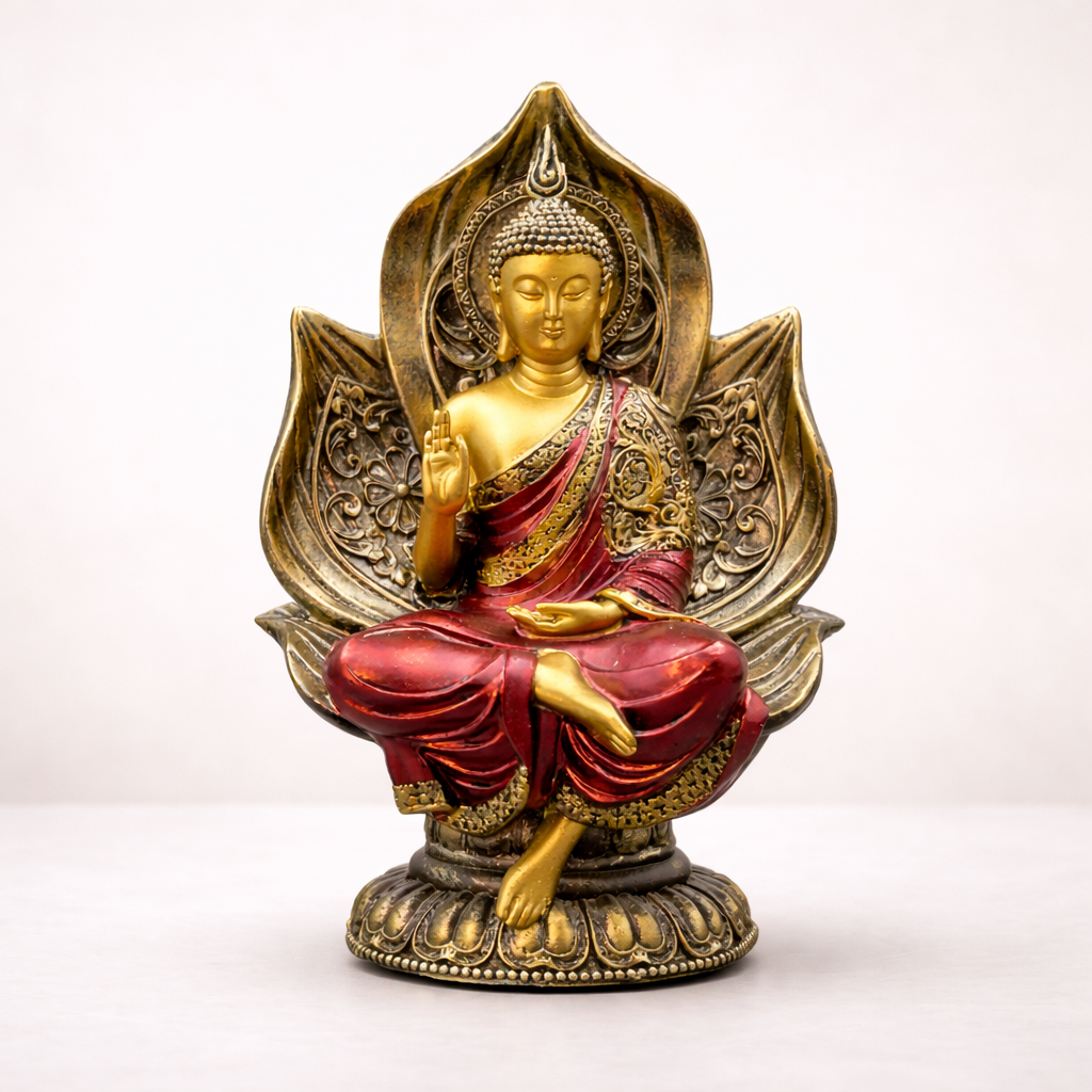 Serene Golden Buddha Statue with Red Robe – Decorative Spiritual Ar