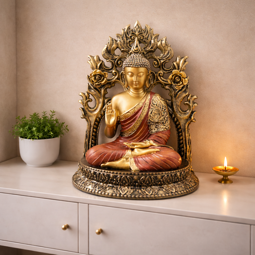 Divine Buddha Idol with Ornate Back Panel – Luxury Spiritual Home Decor