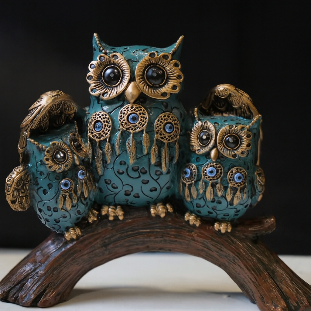 Family of Owls on Branch Figurine