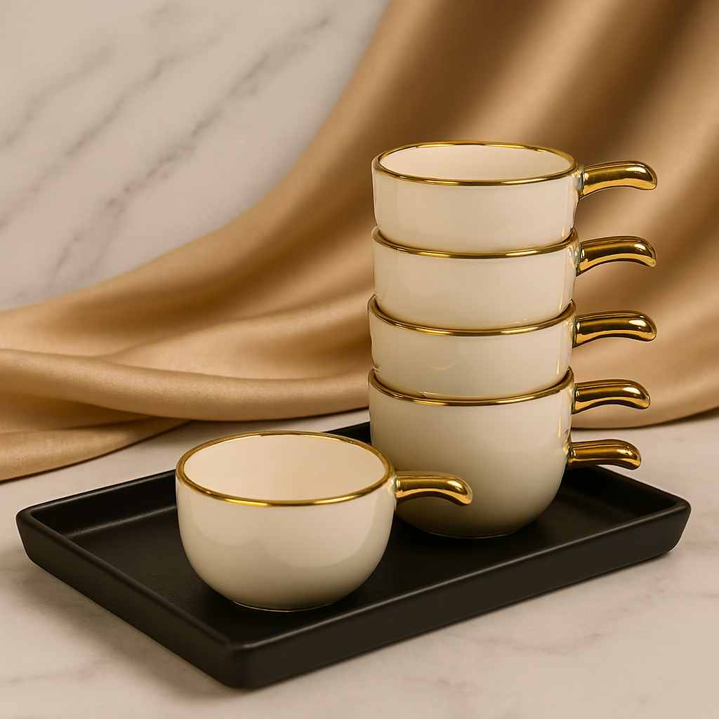 Elegant Ceramic Dip Bowls with Golden Handles – Set of 6