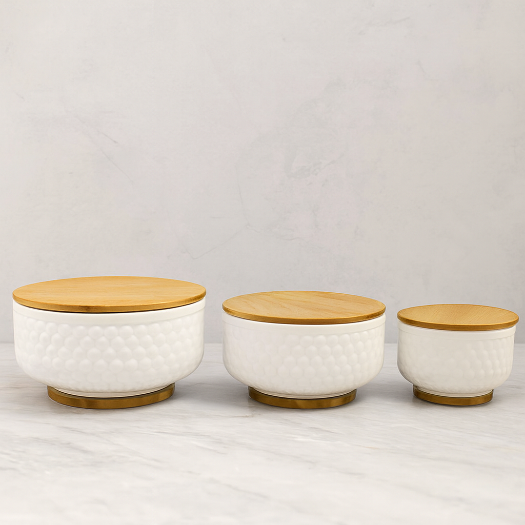 Ceramic Desert Bowl Set, Wooden AIRTIGHT LID Bowl Set of 3